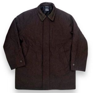 Nautica Wool Blend Brown Coat Leather Collar Zip Up Long Heavy Weight Insulated